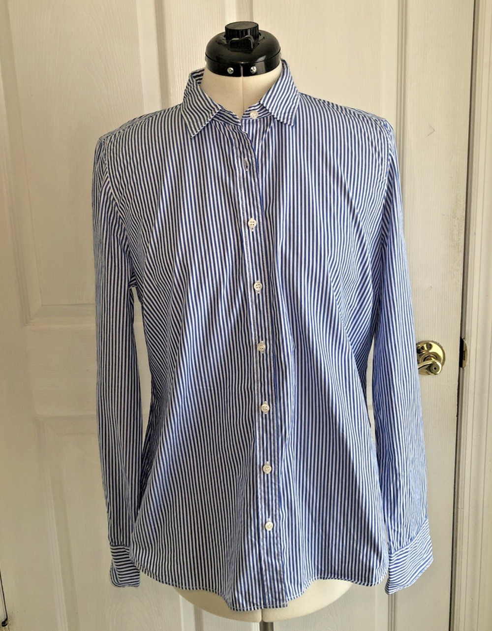 J Crew womens The Perfect Shirt Blue and White vertical Stripe 100% Cotton sz Lg